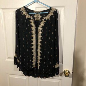 Lucky Brand black embroidered sheer high-low buttoned black tunic, M